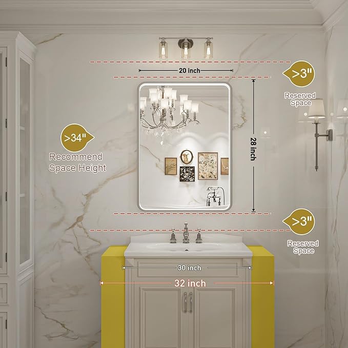 LED Bathroom Mirror with Lights, 20x28 Inch Brushed Silver Framed Lighted