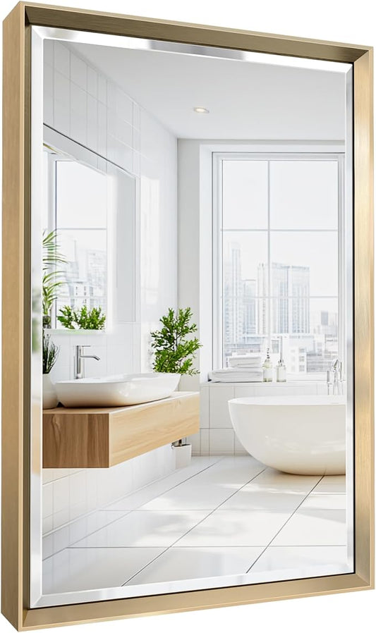 Brushed Gold Bathroom Mirror, Anti-Rust Gold Framed Rectangle Wall Mirror