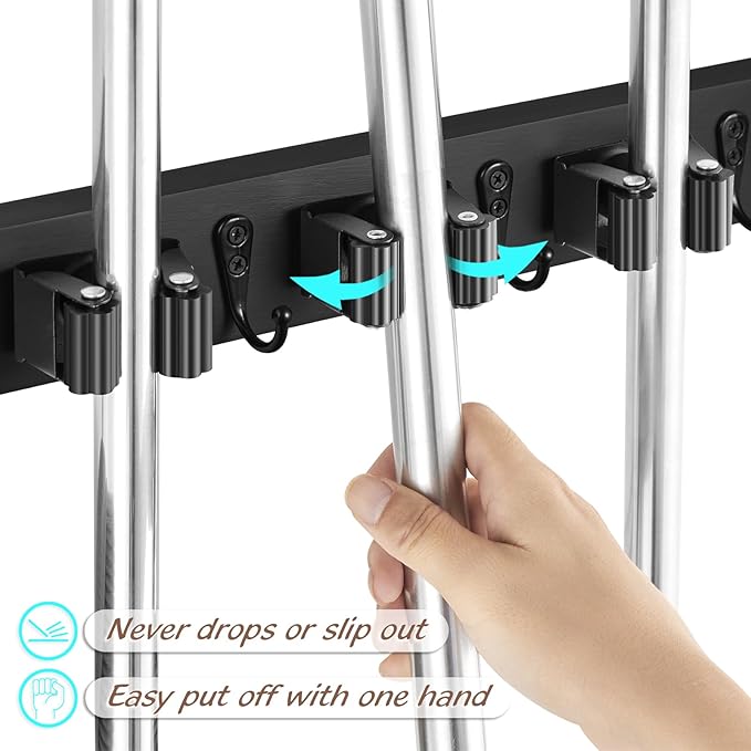 OUTNILI Mop and Broom Holder Wall Mount - Black Broom Mop Hanger - Wall Mounted Garden Tool Rack Organizer for Closet Garage Laundry Room Kitchen Decor With 5 Slots & 4 Hooks