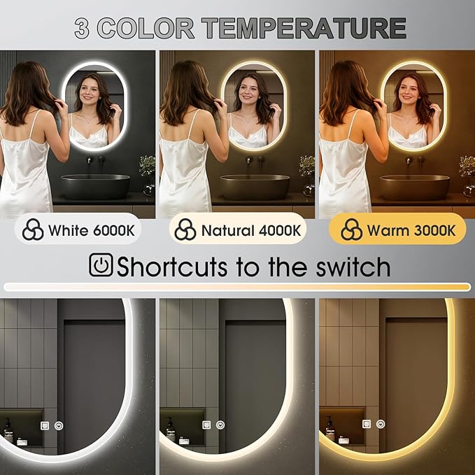 20x28 LED Bathroom Mirror with Lights Oval, Lighted Bathroom Vanity Mirror