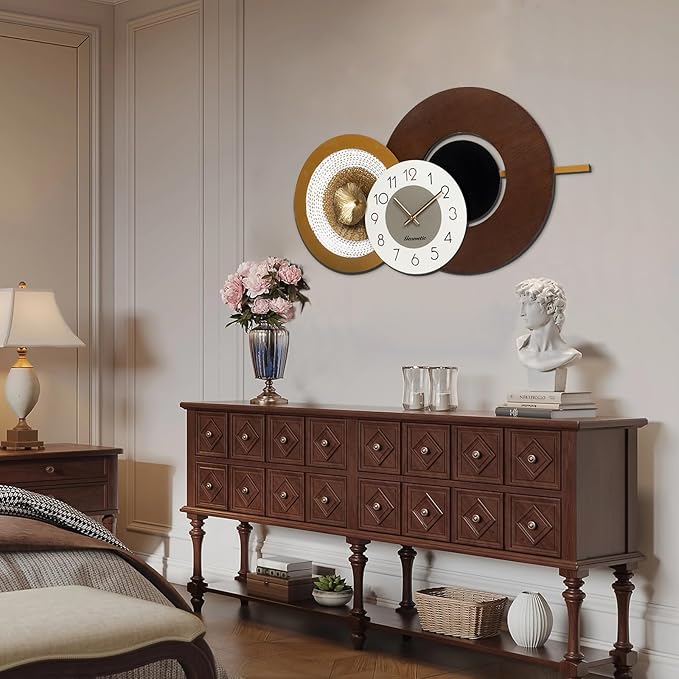 37.8x23 Inch Large Mid-Century Modern Wall Clock, Oversized Wood and Metal
