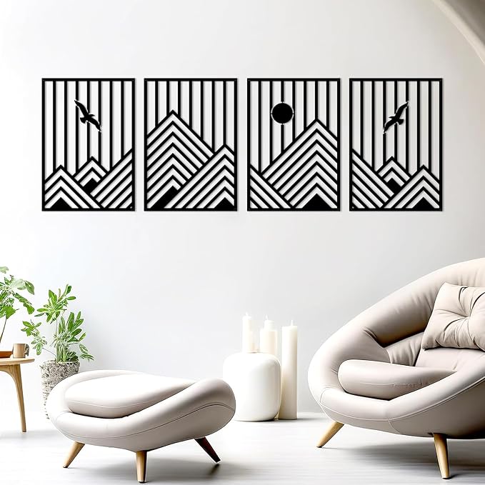 ESTART 4 Pcs Metal Mountain Wall Art, Minimalist Decor Single Line Art Wall Decor, Nature Abstract Line Minimalist Wall Art for Living Room Bedroom Bathroom Study Room (Black)