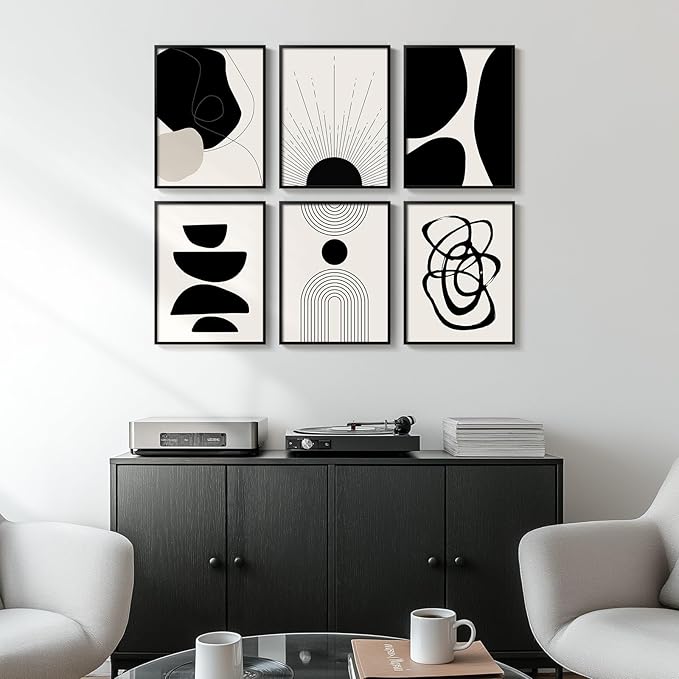 Framed Boho Black and White Abstract Wall Art, Minimalist Geometric Pictures