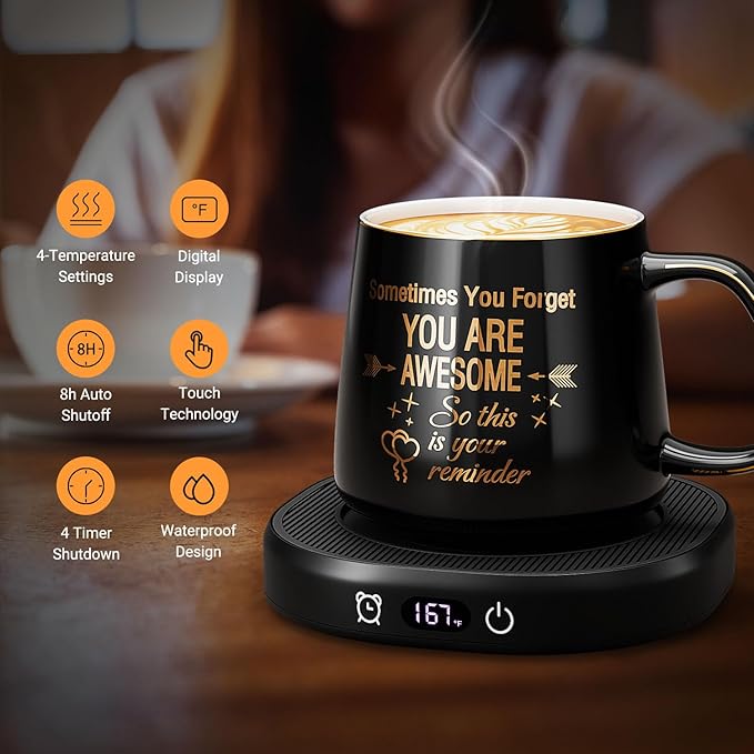 Coffee Mug Warmer & You are Awesome Mug Set, Electric Cup Warmer for Desk, Beverage Warmer with 4 Temperature Setting, 8-Hours Auto Shut Off