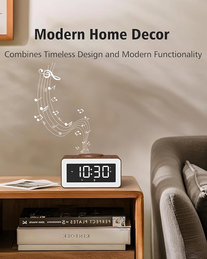 Digital Alarm Clocks for Bedrooms, Bluetooth Speaker, Alarm Clock with Wireless Charging, White/Brown Noise Sound Machine for Sleep with Night Light Wooden Vintage Decor Birthday Gifts for Men, Women