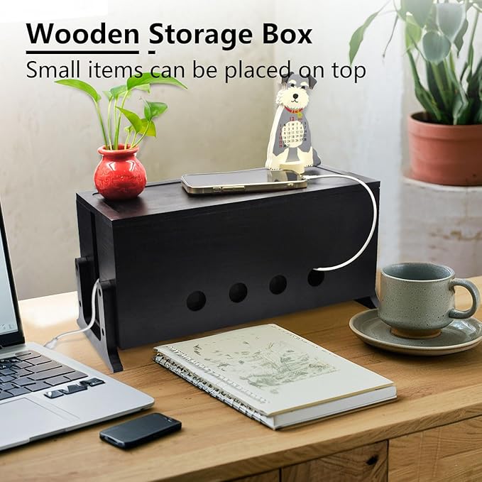 Large Cable Management Box, Wood Cord Hider Box & Organizer for Power Strip Hider Cable Storage for Office, TV Wires, Desk Cord Organizer, 14.2" x 6" x 6.3", Black, Wood