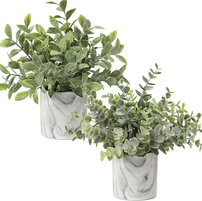 Hollyone Faux Plants Indoor Artificial Mini Potted Plants Plastic Green Plant Small Fake Plants Eucalyptus Decor in Pots for Home Table Room Bathroom Decor