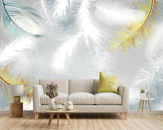 -Gold Modern Feather Fabric Wallpaper Living Room Bedroom Bathroom Large Wall