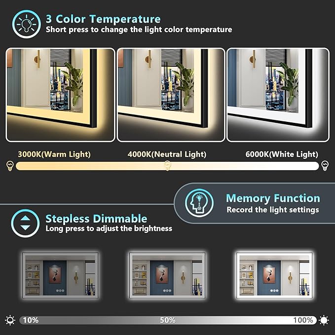 60x30 Black Framed LED Bathroom Mirror