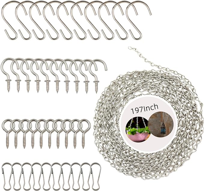 197 Inch DIY Silver Hanging Basket Chains, Adjustable Length, Decorative Metal Chain with Hooks for Hanging Bird Feeders, Planters, Ornaments