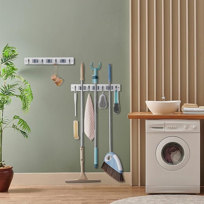 OUTNILI 2 Pack White Mop Broom Holder Wall Mount with 3 Slots & 4 Hooks - Rustic Wood Broom Mop Hanger for Pantry Kitchen Organization - Garden Tool Organizer for Closet Laundry Room