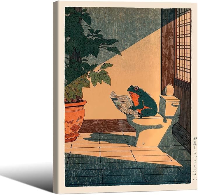 Vintage Japanese Framed Wall Art Funny Frog Bathroom Canvas Print Cute Japanese