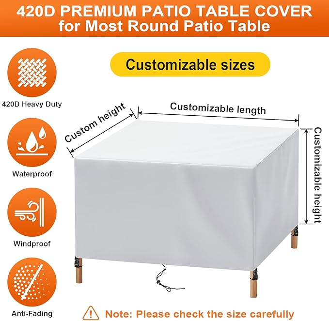 Patio Furniture Cover Rectangle 72"(L) x 56"(W) x 28"(H), Custom Heavy Duty 420D Waterproof Outdoor Cover with Drawstring & Buckles for Table Chair Garden, Silver