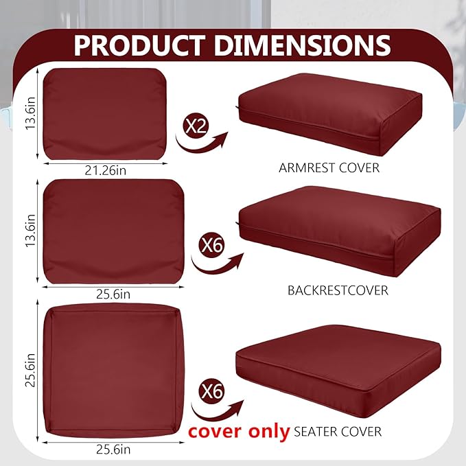 14 Piece Outdoor Patio Waterproof Cushion Covers, Fits 6-Seat Wicker Rattan Sectional Couch Chair Furniture Cover Replacement Set - Fade-Resistant Patio Cushion Covers with Zipper