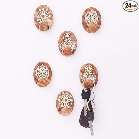 IndianShelf 6 Lb- 24 Pieces Decorative Wood Adhesive Wall Hooks–Boho Peel and