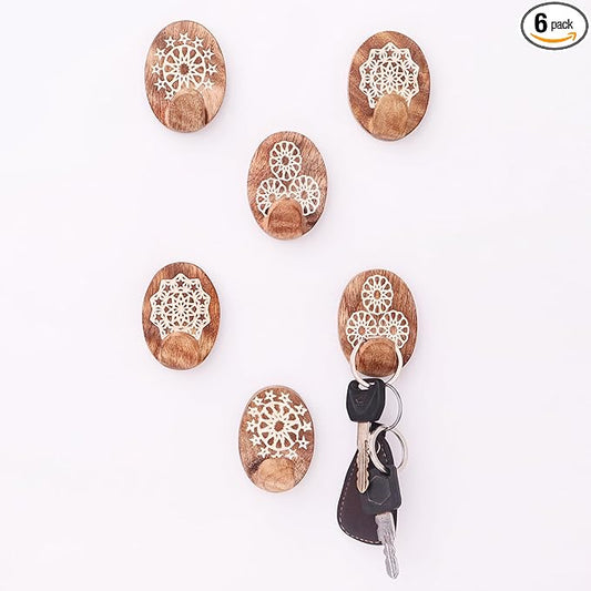 Indian Shelf 6 Lb- 6 Pieces Decorative Wood Adhesive Wall Hooks–Boho Peel and