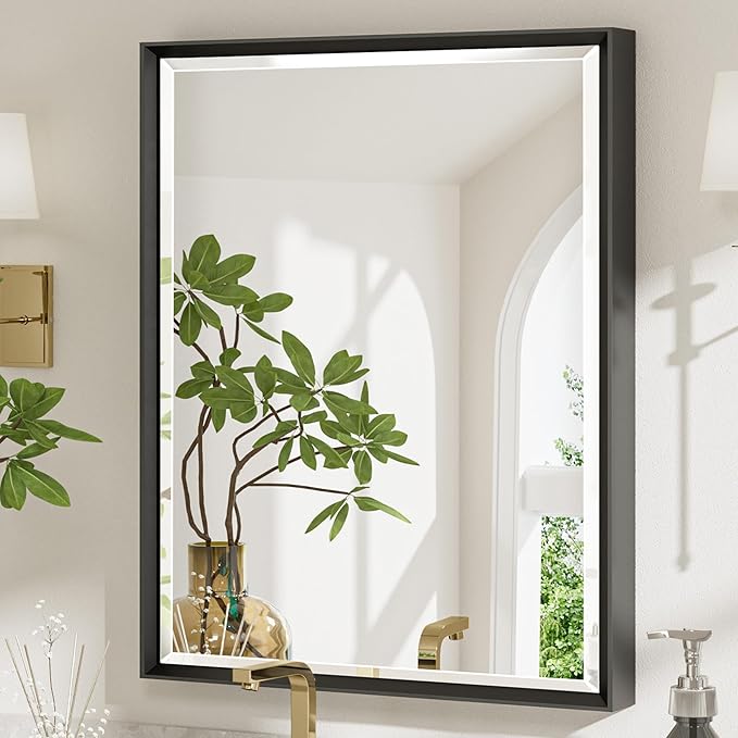 Black Framed Mirror for Bathroom, 24x32 Inch Black Rectangle Beveled Bathroom