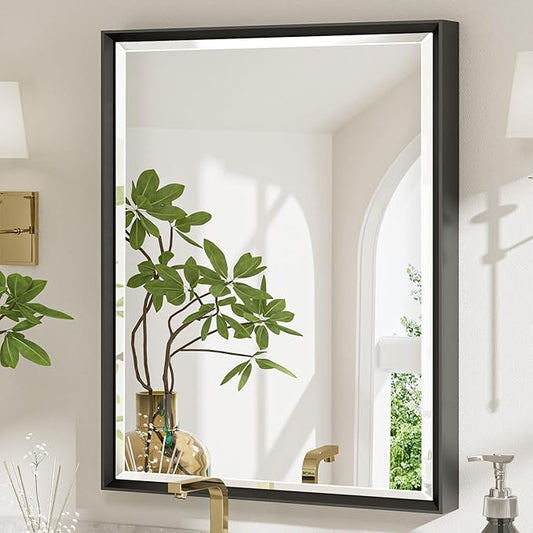 Black Framed Mirror for Bathroom, 24x32 Inch Black Rectangle Beveled Bathroom