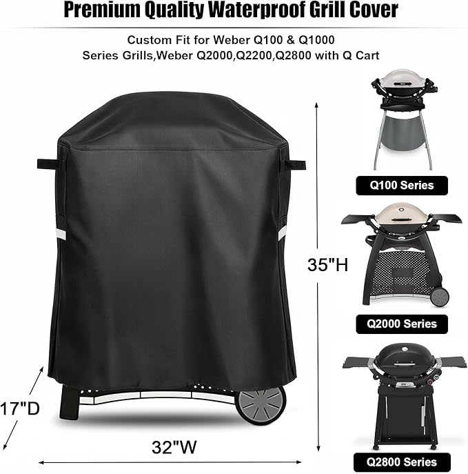 QuliMetal 7113 Grill Cover for Weber Q100 Q120 Q1000 Q1200 Q200 Q220 Q2000 Q2200 Q2400 Q2800N+ Series Gas Grills, Heavy Duty BBQ Gas Grill Cover, 600D