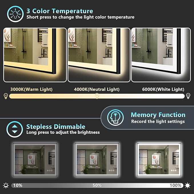 40x30 Black Framed LED Bathroom Mirror