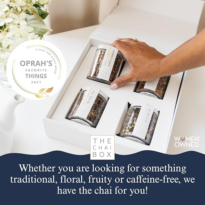 The Chai Box Ultimate Tea Lover's Gift Set - Featured in Oprah's Favorite Things | Caffeinated and Caffeine Free Loose-Leaf Tea Gift Box (Pack of 4) 10 oz | Small Batch Assorted Tea Sampler with Whole, Premium Spices