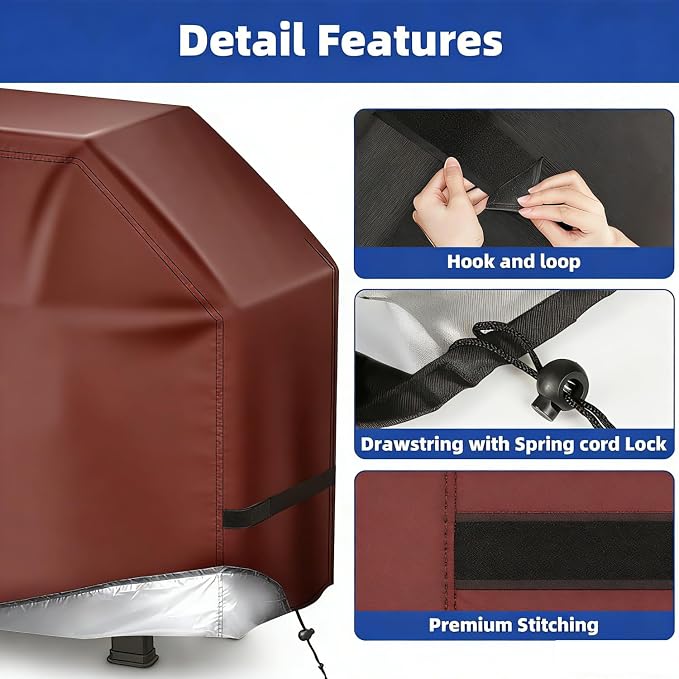 BBQ Gas Grill Cover for Outdoor, Anti-UV, Rip-Proof, 600D Oxford Fade Resistant Material, Barbecue Cover with Hook and Loop Straps & Adjustable Hem Drawstring (Reddish Brown, 55”x23”x42”)
