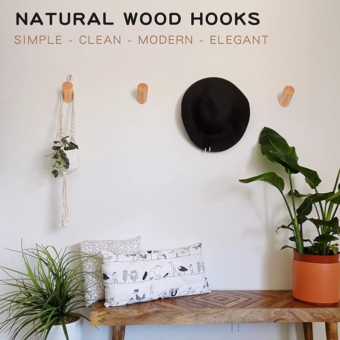 Felidio Wood Wall Hooks, 6 Pack Natural Wooden Coat Hooks Wall-Mounted