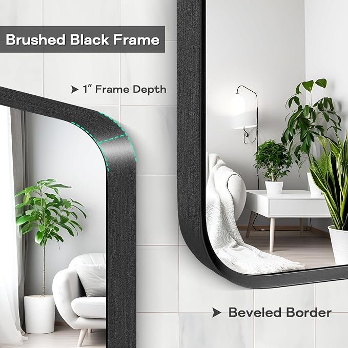 Wall Mount Mirror for Bathroom, Brushed Black Metal Framed Large Rounded Corner