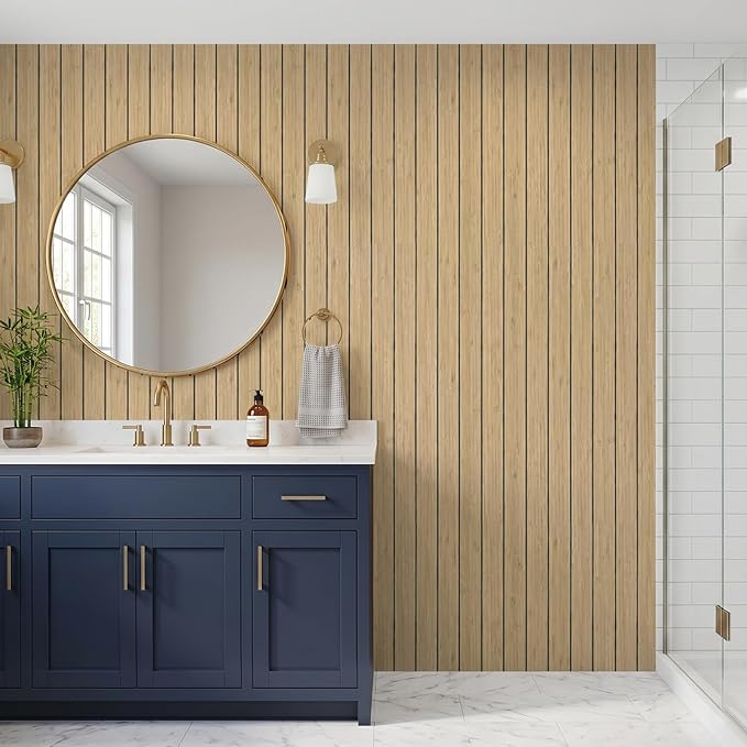 VEELIKE Tan Birch Slat Wall Panels Peel and Stick 3D Wood Grain Wall Panel