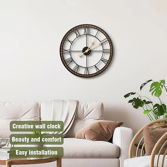 Micasso Large Farmhouse Wall Clock: 20 inch Modern Metal Black