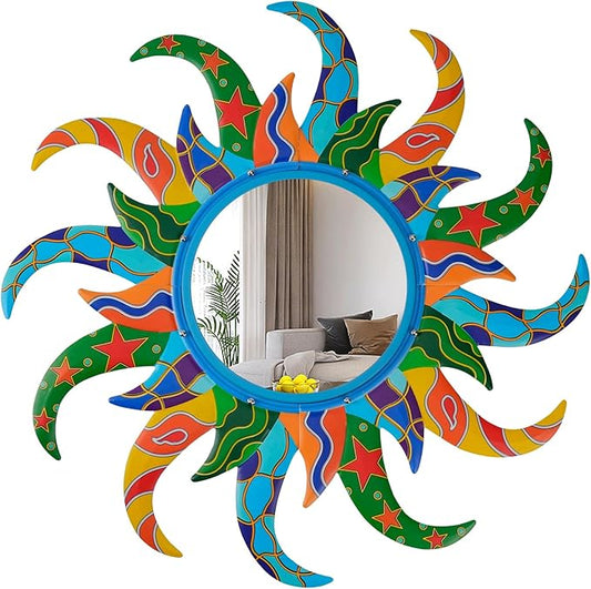 Colorful Sun Wall Mirror Decorative 25 inch Metal Frame Sunburst Boho Mirror