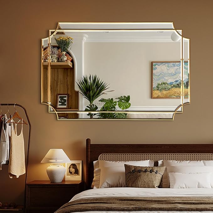 HQiJun Gold Mirror for Wall, Polished Bevelled Rectangle Mirror, Modern
