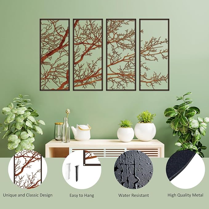 ESTART 4 Pieces Tree of Life Metal Wall Decor, Black Tree Branch Metal Wall Art, Tree Sign Wall Hangings for Home Garden Office Living Room Indoor Outdoor (Colorful, Small)