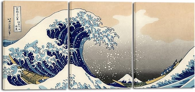 Wieco Art Great Wave of Kanagawa Katsushika Hokusai 3 Piece Modern Canvas