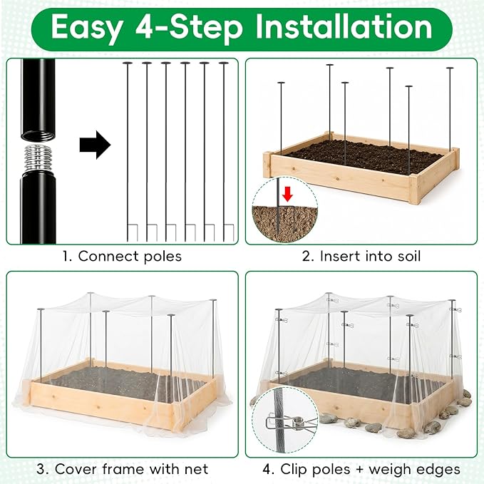 Metal Garden Netting Covers Kit for Raised Beds, 6 Pack 5.2FT Garden Poles Support Stakes with 10×13FT Insect Pest Barrier Plant Netting Mesh & 12 Clips for Vegetable Fruit Flower Garden Protection