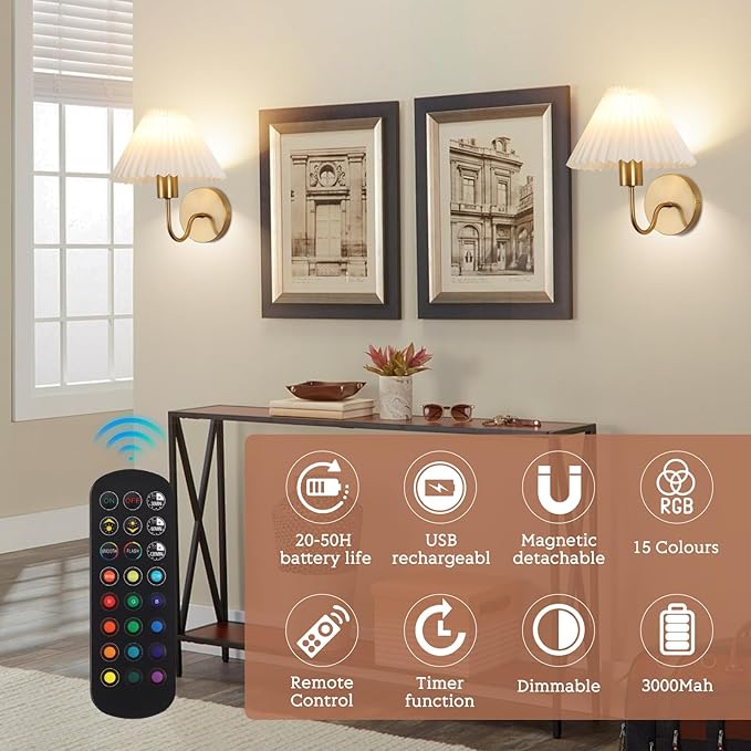 Wireless Wall Sconce Sets of 2, Pleated Shades Rechargeable Battery Operated