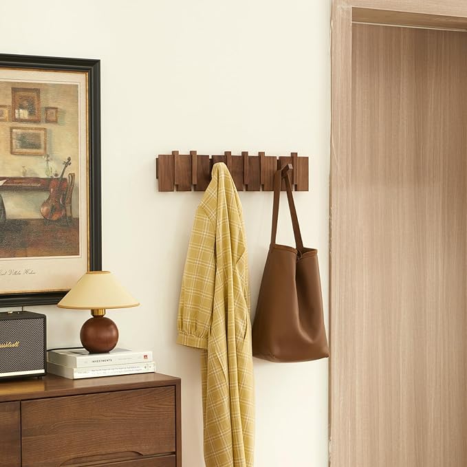 QUELLANCE Wood Coat Rack Wall Mount, Coat Hooks Hanger Wall Mounted, Heavy Duty