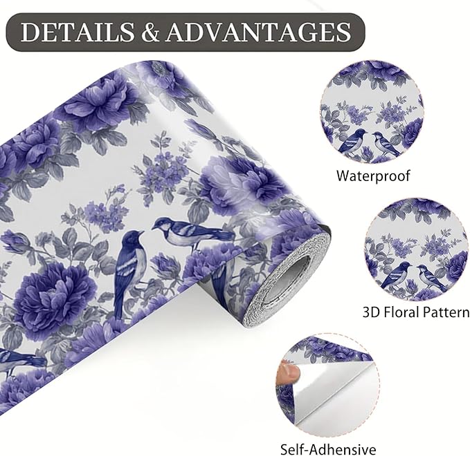 Blue Purple Floral Bird Wallpaper Border 196x4 Inch Peel and Stick Wall Border