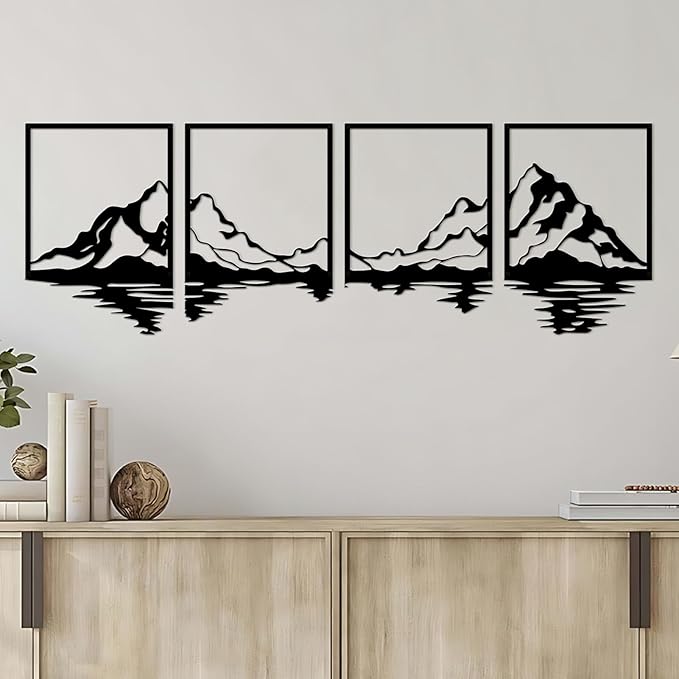 ESTART 4 Pcs Metal Mountain Wall Art, Large Mountains Wall Decor, Mountain Forest Decorative Painting Suitable For Living Room Bedroom Office Indoor And Outdoor (Mountains Rivers Large)