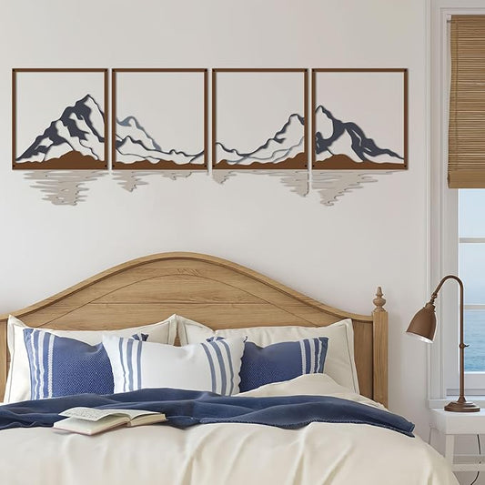 ESTART 4 Pcs Metal Mountain Wall Art, Large Mountains Wall Decor, Mountain Forest Decorative Painting Suitable For Living Room Bedroom Office Indoor And Outdoor (Mountains Rivers Large)