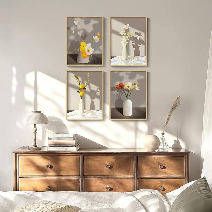 Framed Botanical Floral Wall Art, 4 Piece Yellow Flower Canvas Painting Prints