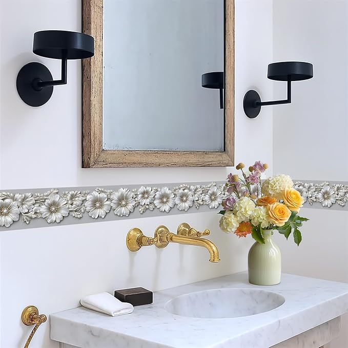 Silver Floral Wallpaper Border 196x4 Inch Peel and Stick Wall Border Metallic