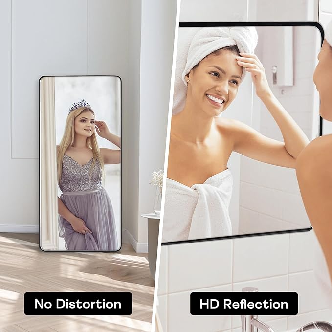 Wall Mount Mirror for Bathroom, Brushed Black Metal Framed Large Rounded Corner