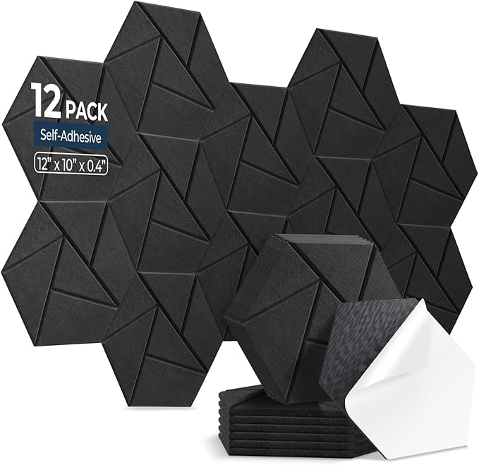 12 Pack Hexagon Acoustic Panels, Self-Adhesive Acoustic Wall Panels