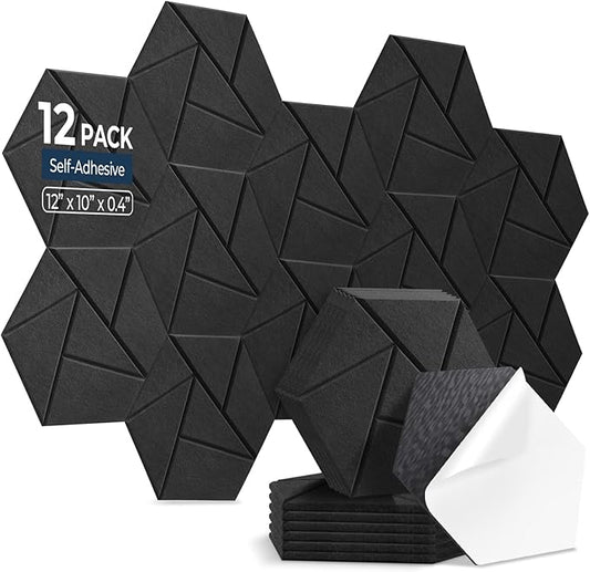 12 Pack Hexagon Acoustic Panels, Self-Adhesive Acoustic Wall Panels