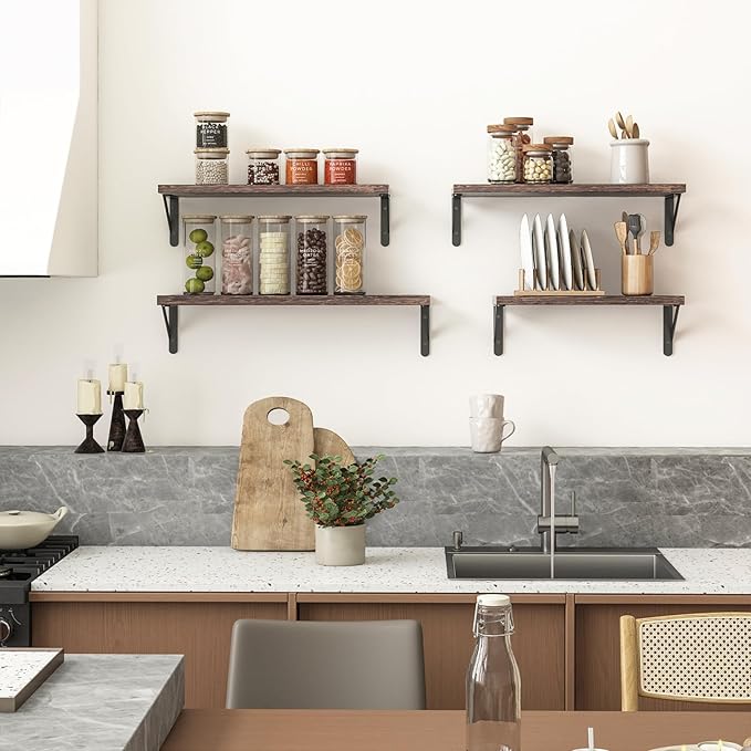 YGEOMER Floating Shelves for Wall, Different Sizes Dark Carbonized Brown Wall