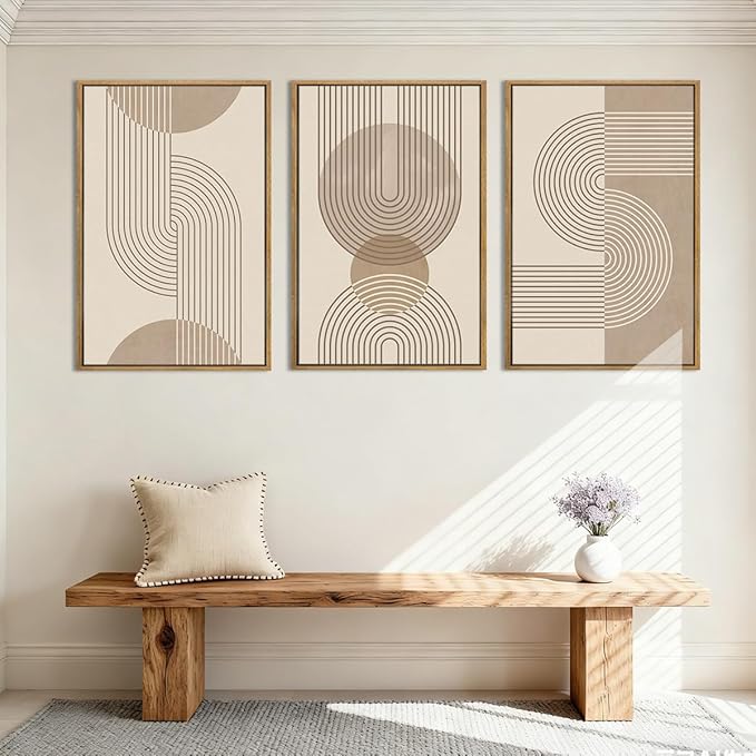 Anyzal Large Neutral Boho Framed Wall Art,Modern Mid Century Wall Decor Canvas,Beige Minimalist Art Print Abstract,Geometric Neutral Artwork Boho for Home Living Room Bedroom Office Set of 3 16''x24''