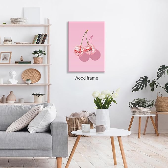 Funky Pink Cherry Poster Retro Disco Ball Canvas Wall Art 24X36 inch Framed