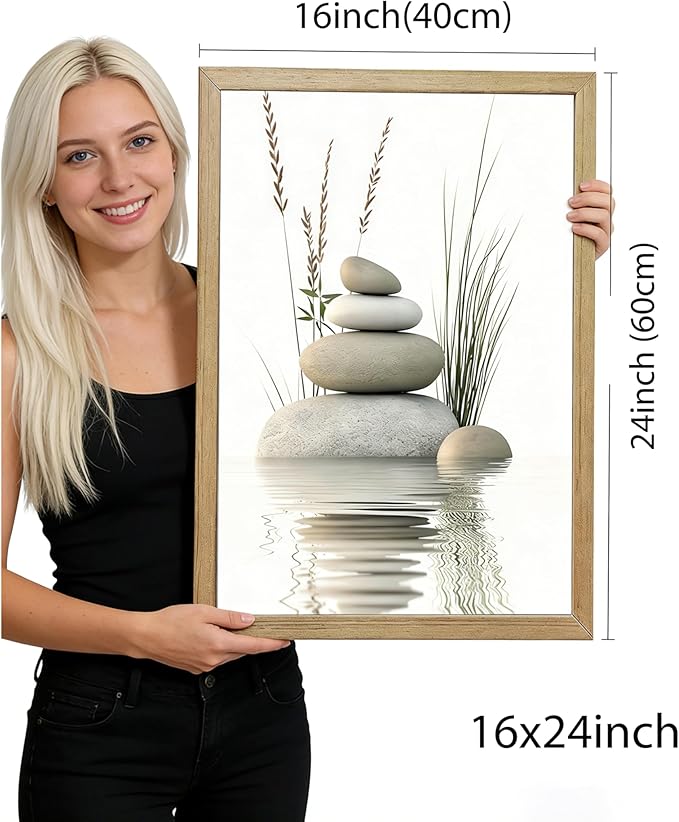 Wooden Frame Zen Stone Canvas Wall Art, Stacked Stones in Water Poster Print.