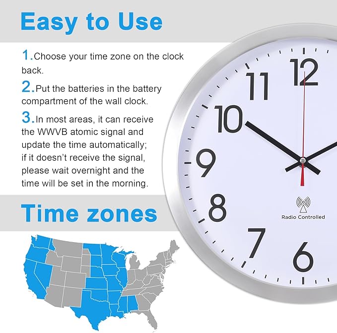 Atomic Analog Wall Clock, 14Inch Radio Controlled Sets Automatically Wall Clock
